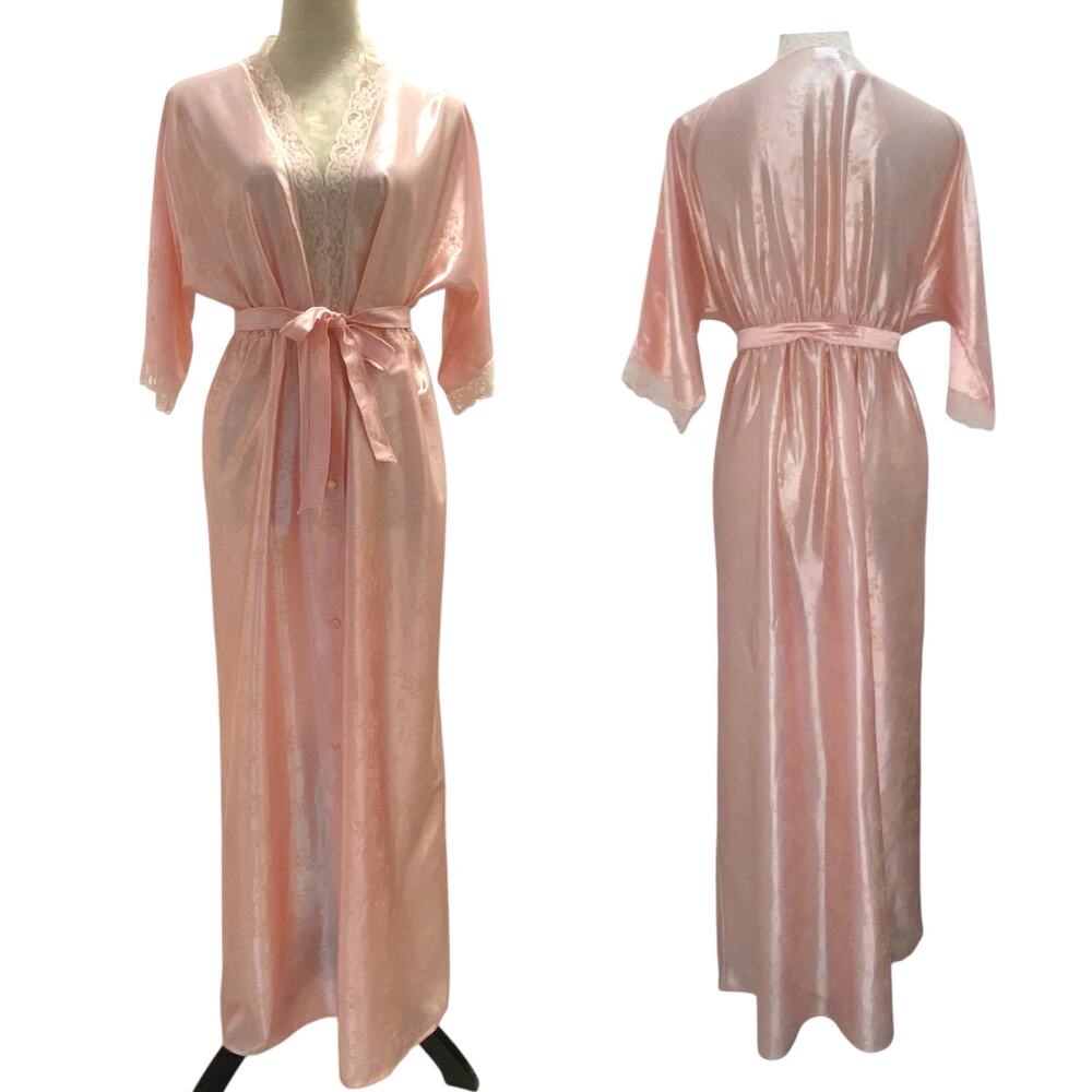 Vintage 60s Lace Trim Pink Full Length Embellished Robe Size Medium Made in USA